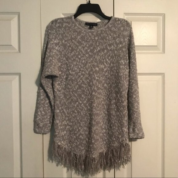 SAKS FIFTH AVENUE Size X-Small Gray Cream Marled Tunic Sweater Fringe Crewneck - Picture 3 of 8